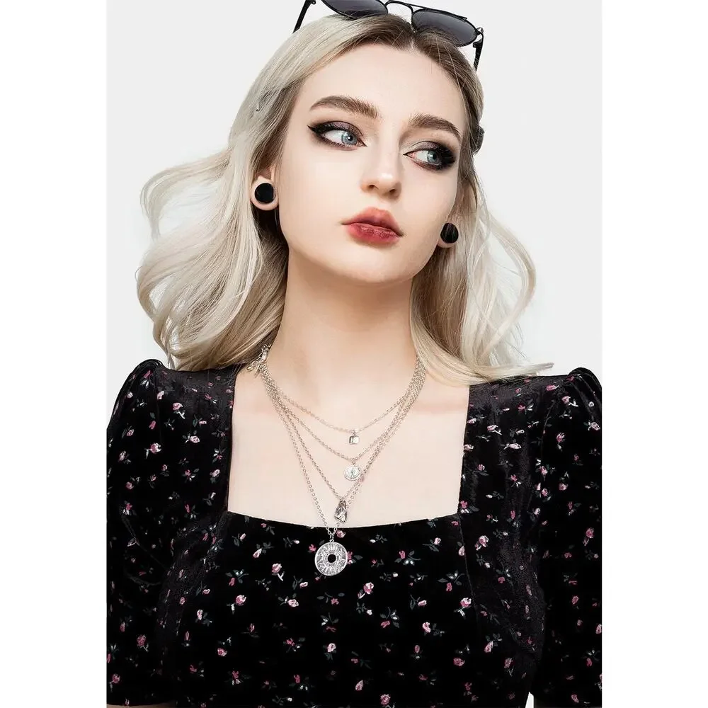 NWT Disturbia Woe Floral Midi Dress Velvet Womens 4 Black Square Neck Whimsigoth - Picture 11 of 12